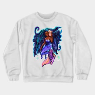 mermaid with flowing braids and conch sea shell , brown eyes curly Afro hair and caramel brown skin Crewneck Sweatshirt